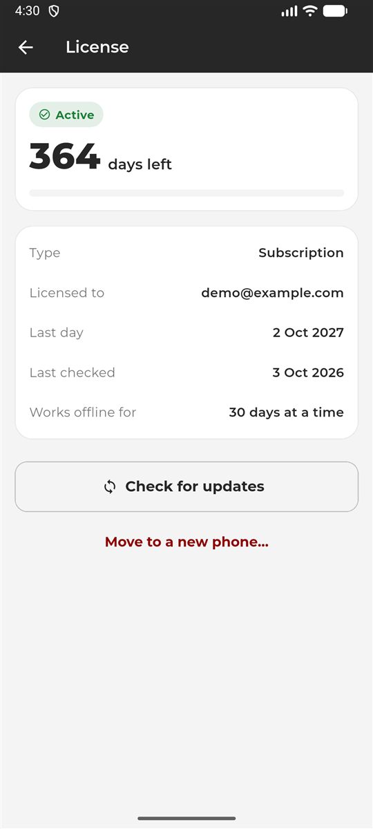 License screen showing an active subscription with days remaining
