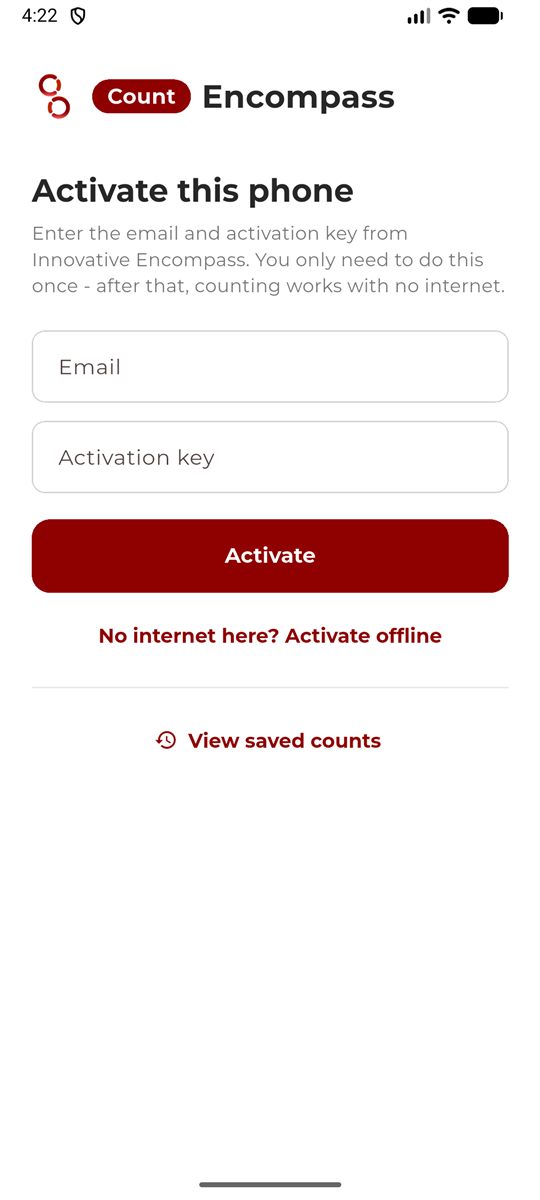 One-time phone activation screen, with an offline option for sites with no internet