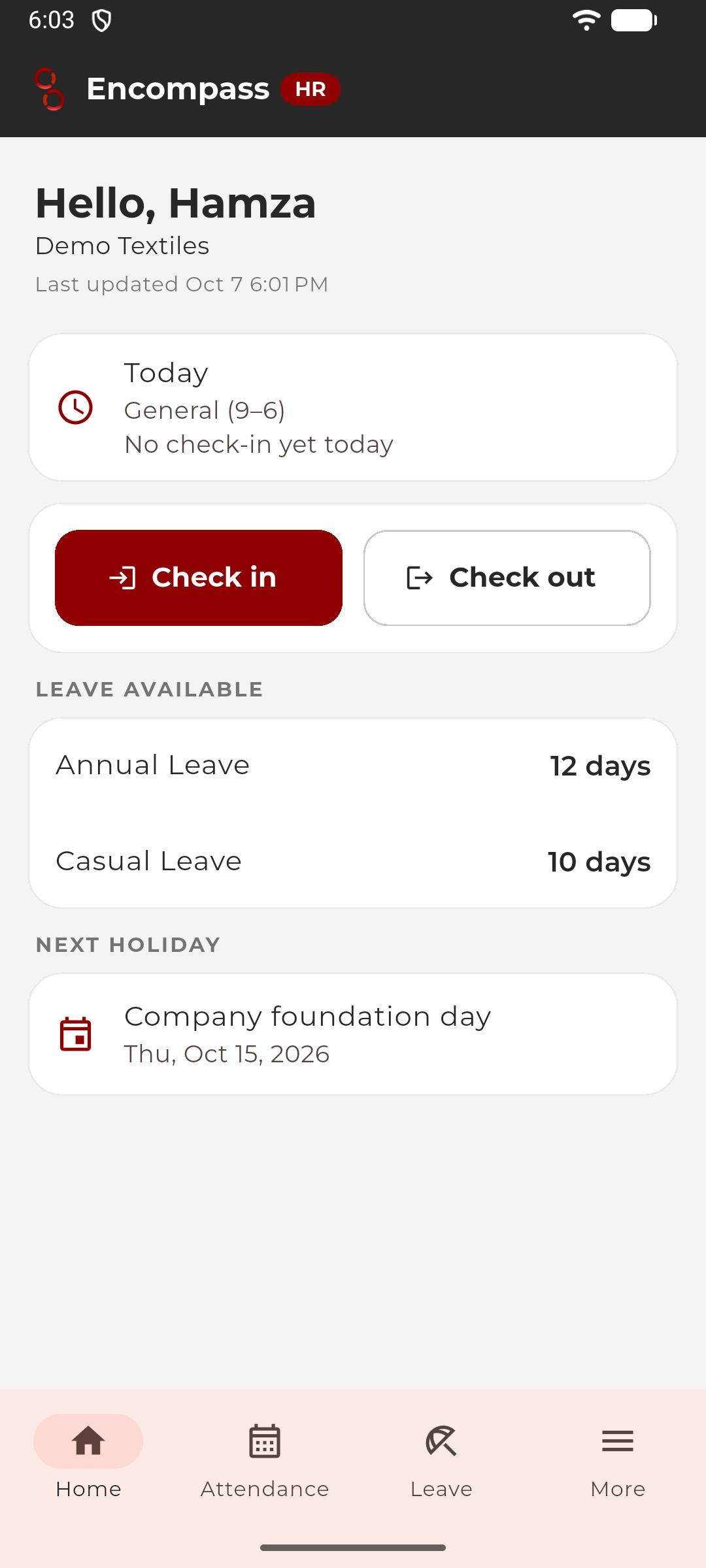 Home screen: today's shift, check-in and check-out buttons, leave available, next holiday.