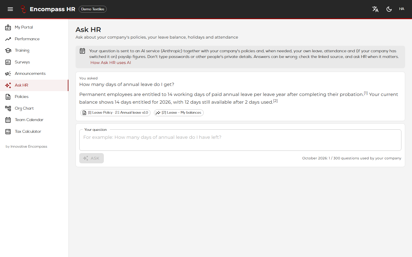 Ask HR in the Encompass HR portal: a question about annual leave answered in two sentences, each with a numbered source chip linking to the leave policy section and the employee's own balance.