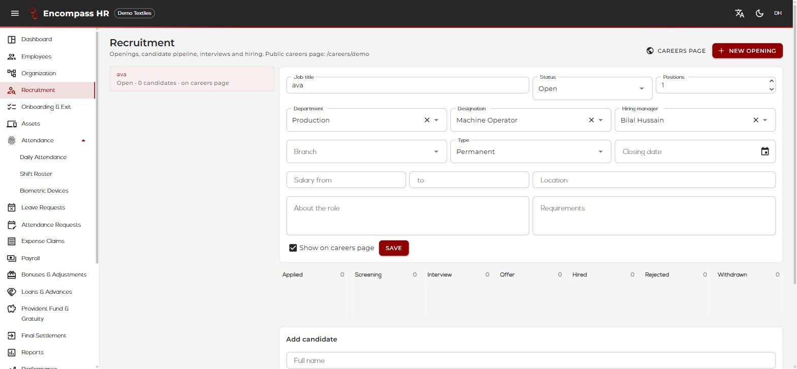 Recruitment module showing a job opening, candidate pipeline stages and a public careers page link