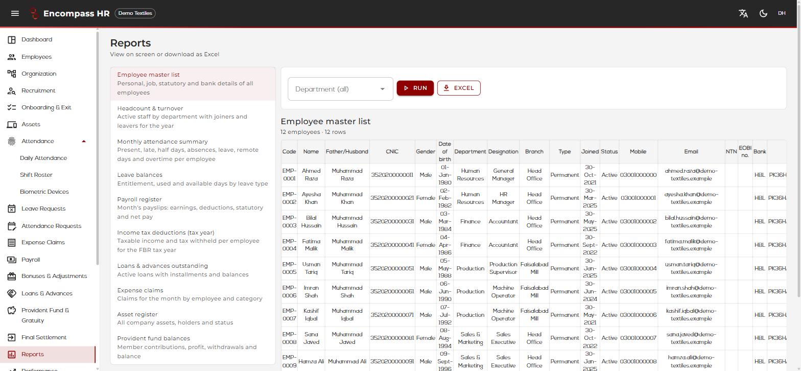 Reports library including employee master list, payroll register, income tax deductions and asset register