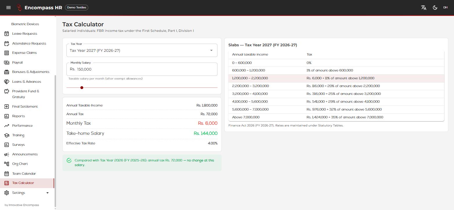 Standalone FBR tax calculator showing tax year slabs and take-home salary