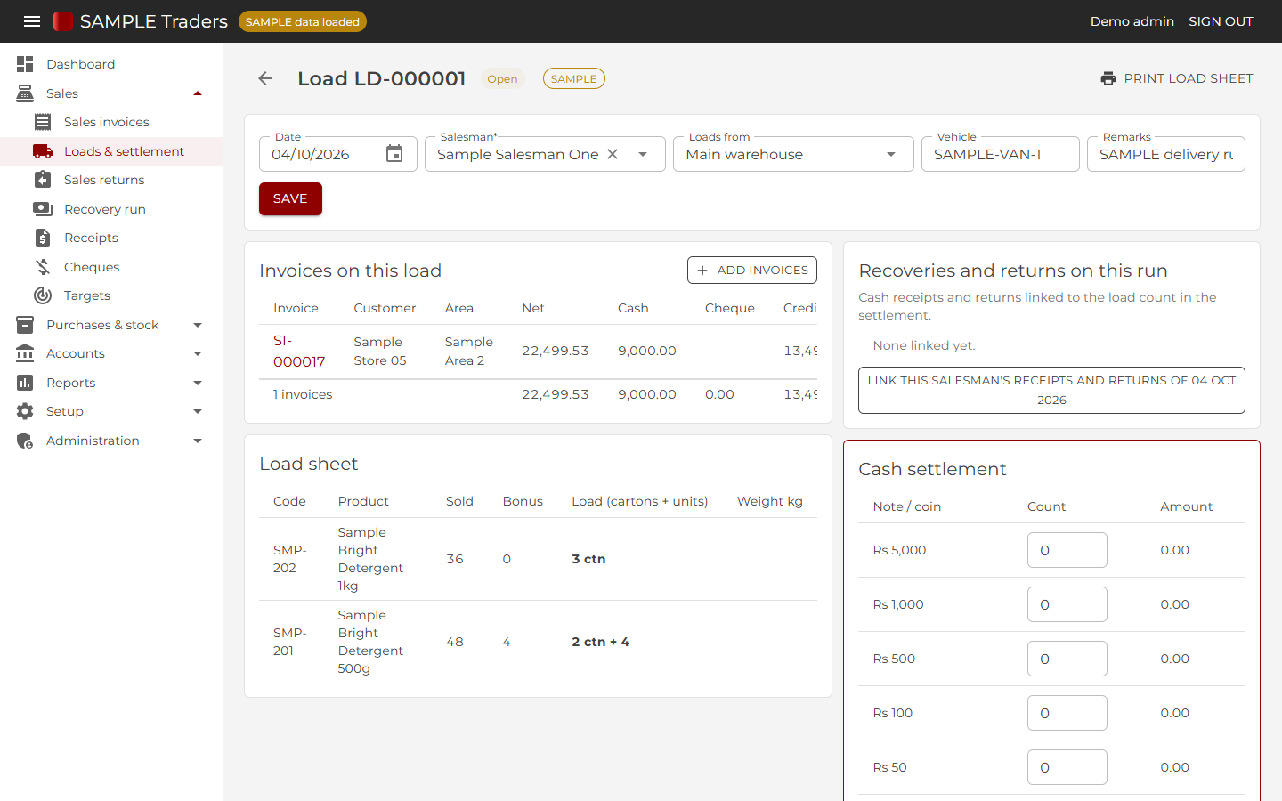 Delivery load per salesman: invoices on the run, load sheet in cartons and units, cash counted by denomination and expenses at settlement.