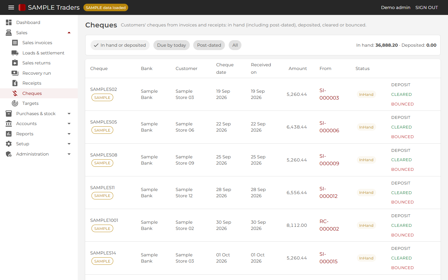 Cheque register: every cheque from invoices and receipts, with post-dated and due views; deposit, clear or bounce.