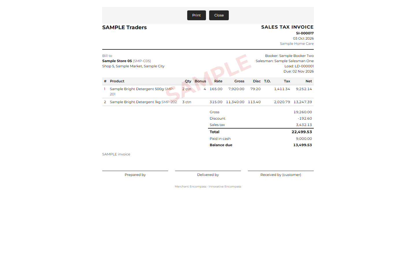 Printed sales tax invoice with booker, salesman, load and due date (the demo prints a SAMPLE watermark).