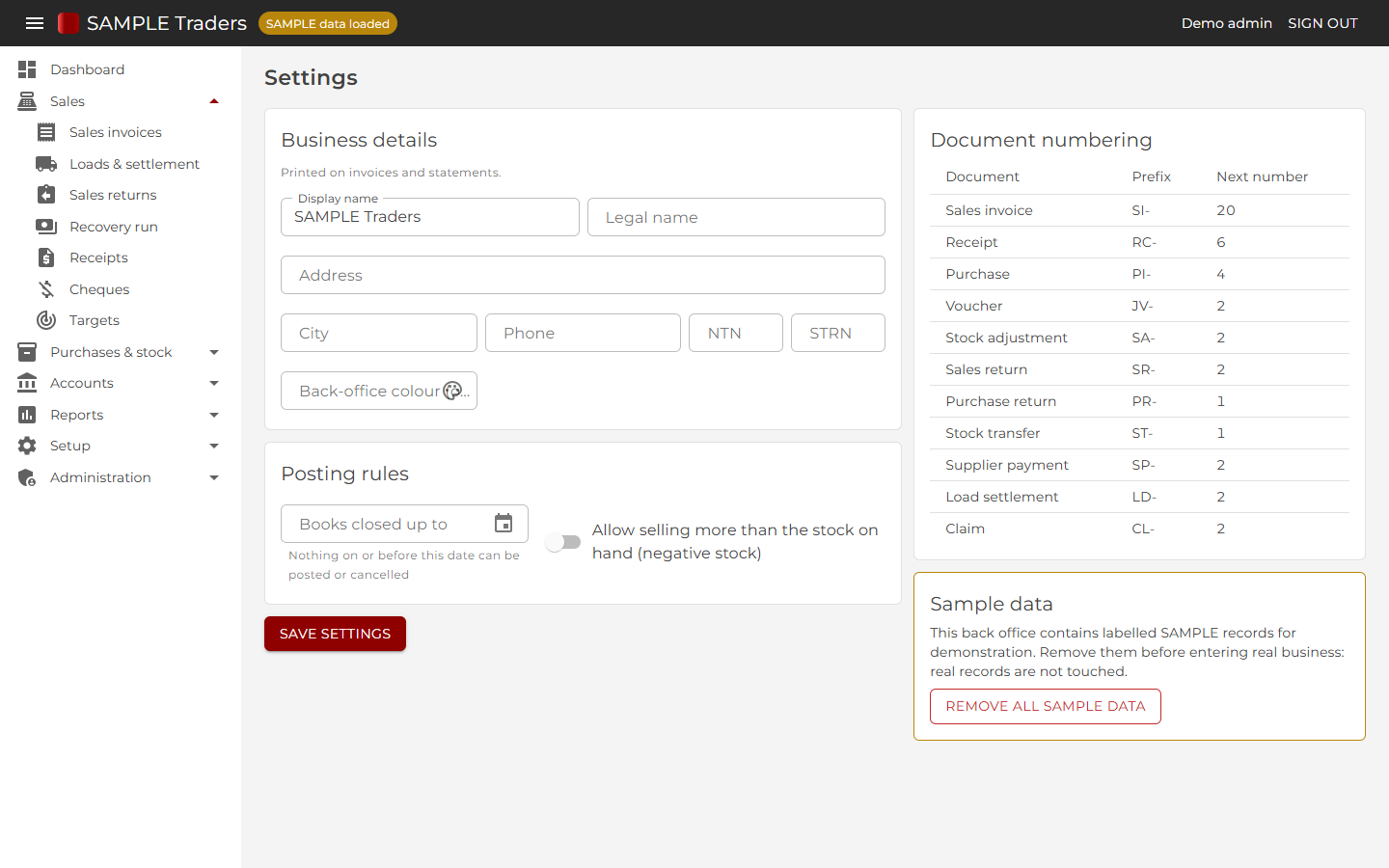 Business settings: details for printed documents, closing (lock) date, negative stock, brand colour and sample data.